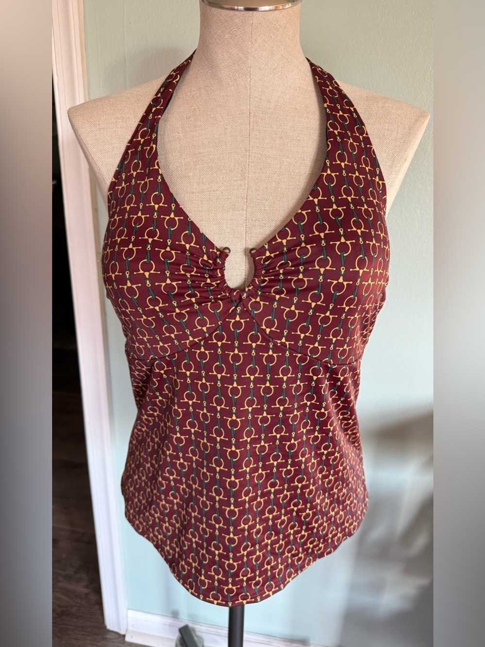 Lands End Brown Equestrian Horse Bit Pattern Tankini Swim Top Size 14